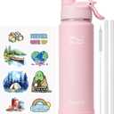 [2-IN-1 LID] Insulated Water Bottle with Silicone Boot (36hrs Cold/18hrs Hot) - DIY Stickers, Leakproof, BPA Free, 24 oz (Pink)