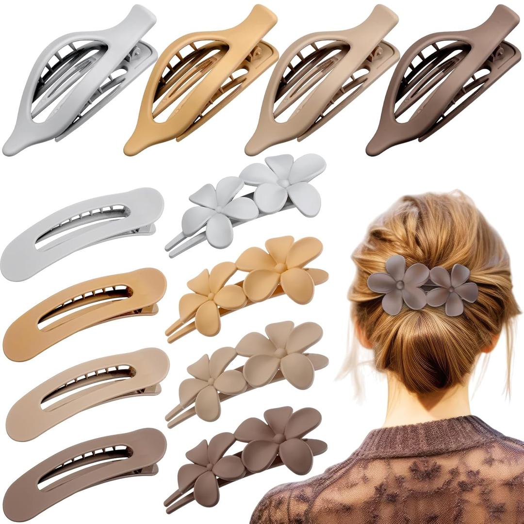 Canlierr 12 Pcs Flat Hair Clips for Women 3 Styles French Flat Claw Clips Strong Hold for Thick Thin Long Short Hair Accessories Plastic Non-slip Secure for Daily Wedding Party (Classic Morandi)
