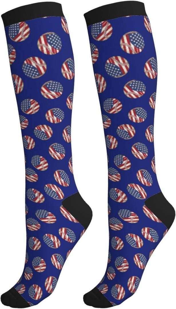 Compression Socks Knee High Circulation Support Socks For Women Men Athletic Running Hiking Travel (One Size, Usa Flag Softball)