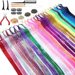 Hair Tinsel Kit (48 Inch, 24 Colors, 6000 strands), Tinsel Hair Extensions with Tools, Heat Resistant Glitter Hair Tinsel Kit for Women Hair Accessories