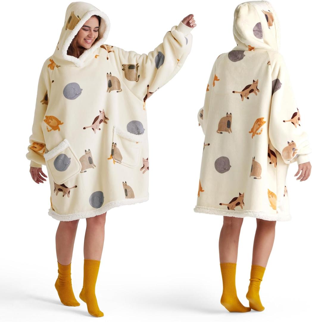 Bedsure Wearable Blanket Hoodie, Sherpa Hooded Blanket Printed for Adult & Kids as Gifts for Women, Mom Gifts Sherpa Hoodie, Standard, Cat, Light Beige