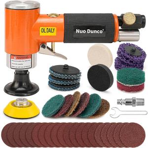 2 Inch Pneumatic Mini Orbital Sander Kit 2-in-1 Air Right Angle Grinder Polisher Kit Surface Prep Tool with 40 Pcs Quick Change + Hook & Loop Sanding Discs for Metal & Woodworking