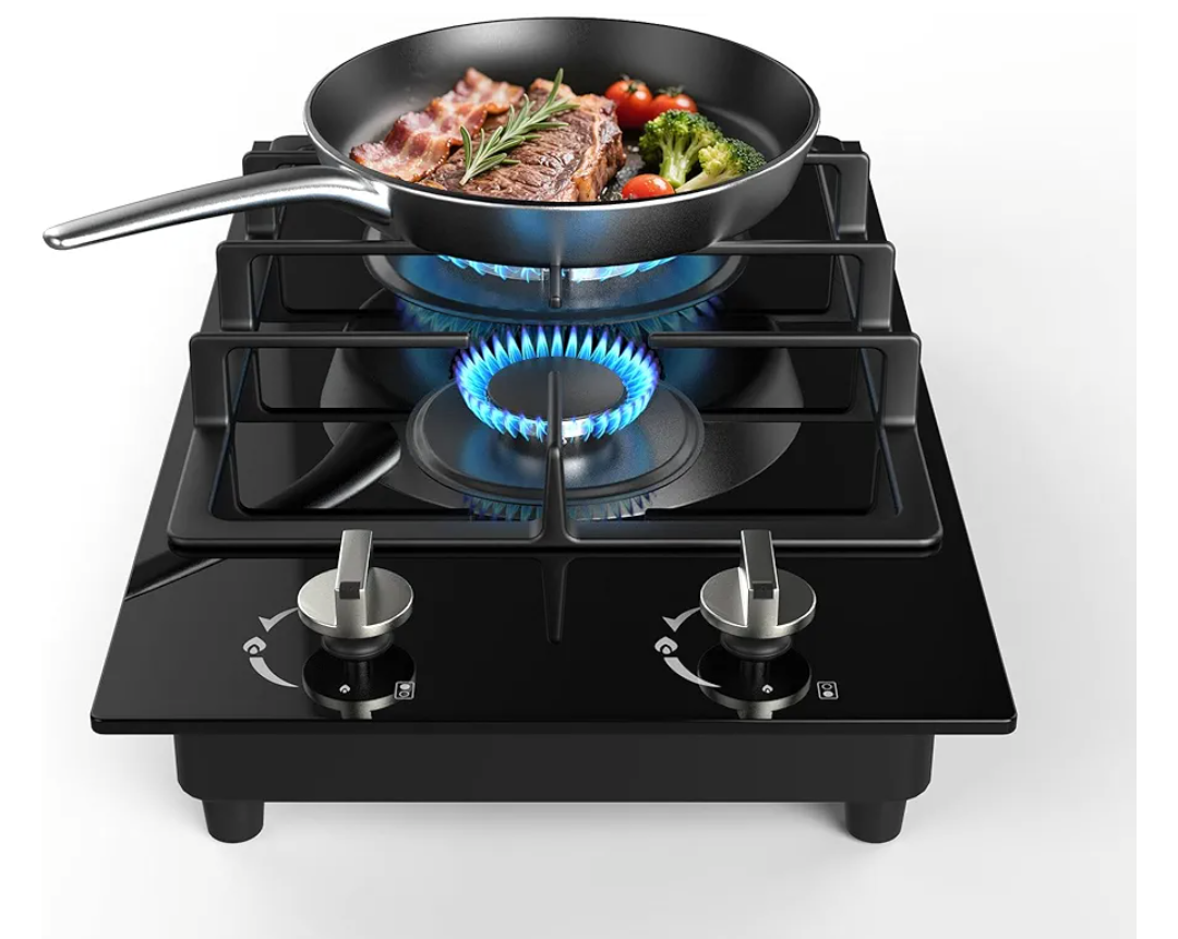 ANHANE 12-Inch Gas Cooktop, 2 Burner Drop-In Propane Stove Top, 14,600 BTU NG/LPG Dual Fuel Stainless Steel RV Cooktop with Auto-Shutoff Protection for Tiny Homes, Apartments & Campers