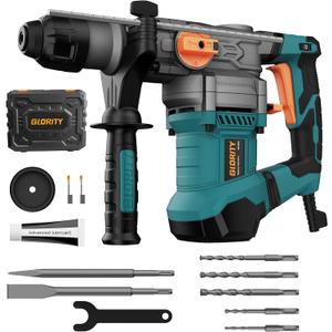 1-1/4 Inch SDS-Plus 13 Amp Heavy Duty Rotary Hammer Drill with Safety Clutch 4 Functions and Variable Speed, Including Chisels and Drill Bits (Black)