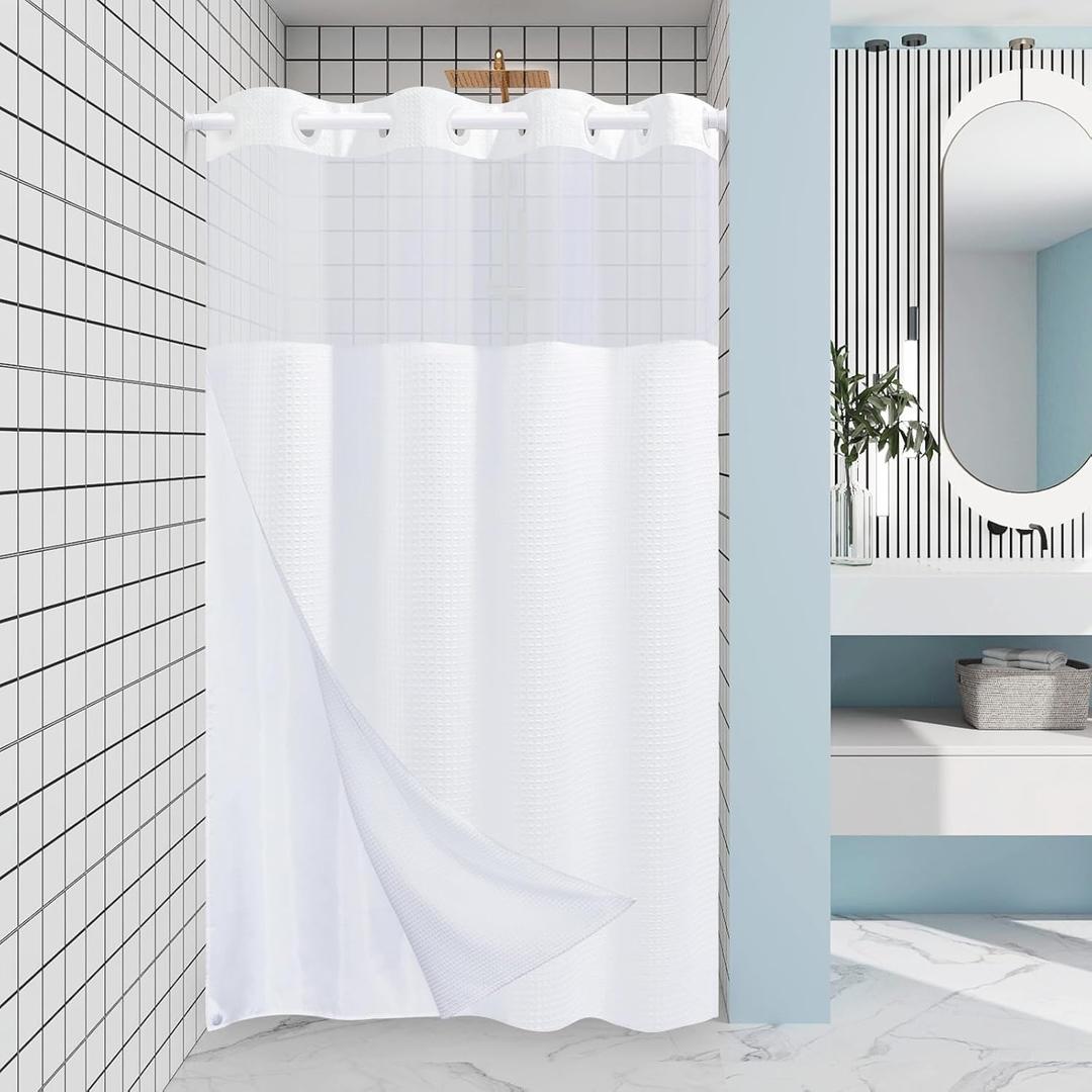 White Stall No Hook Shower Curtain with Snap in Liner,230GSM Waffle Weave Shower Curtains for Bathroom,54W x 80H