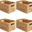 Water Hyacinth Storage Baskets for Shelves, Set of 4 Wicker Pantry Shelf Baskets with Built-In Handles, Woven Organizer Bins for Closet, Bathroom, Kitchen Cabinets, 13 x 8.25 x 7 In