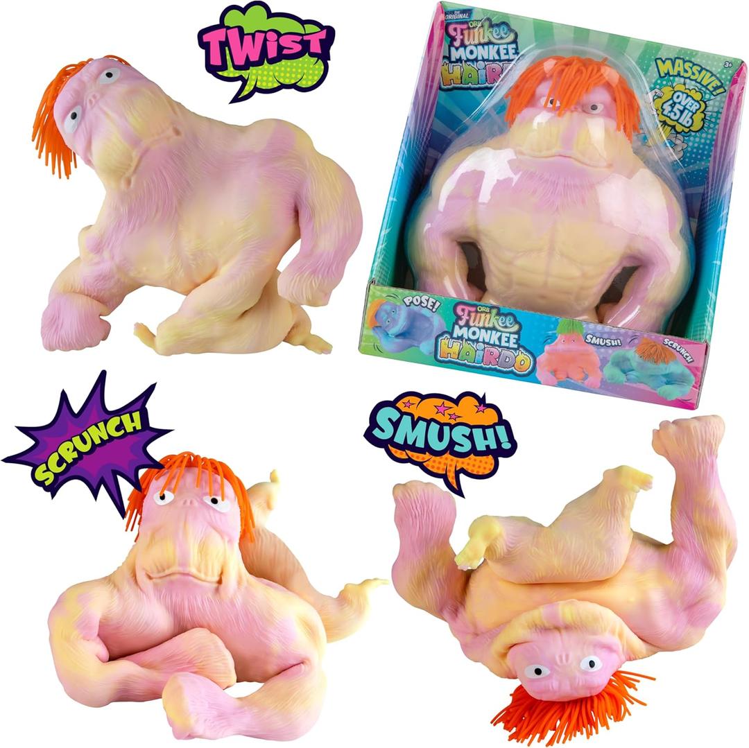 ORB Hairdo Funkee Monkee Jumbo Squishy Monkey (Yellow/Pink) - 4.5 lb Stretchy Funky Monkey Giant Squishy Toy - Collectible Stretchy Gorilla, Splat Monkey Stress Toy and Fidget for Kids and Adults