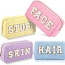 Kajaia 4 Pcs Preppy Makeup Bags Chenille Letter Bag Hair Face Skin Stuff Cosmetic Pouch Cases for Women Travel Toiletry Spend The Night(Multi Color,Exquisite)