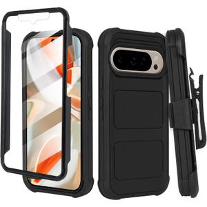 Designed for Google Pixel 9 Pro XL Case with Built-in Screen Protector, Belt Clip Holster, Heavy Duty Shockproof Drop Protection Military Grade Cover with Kickstand (Rugged Black)