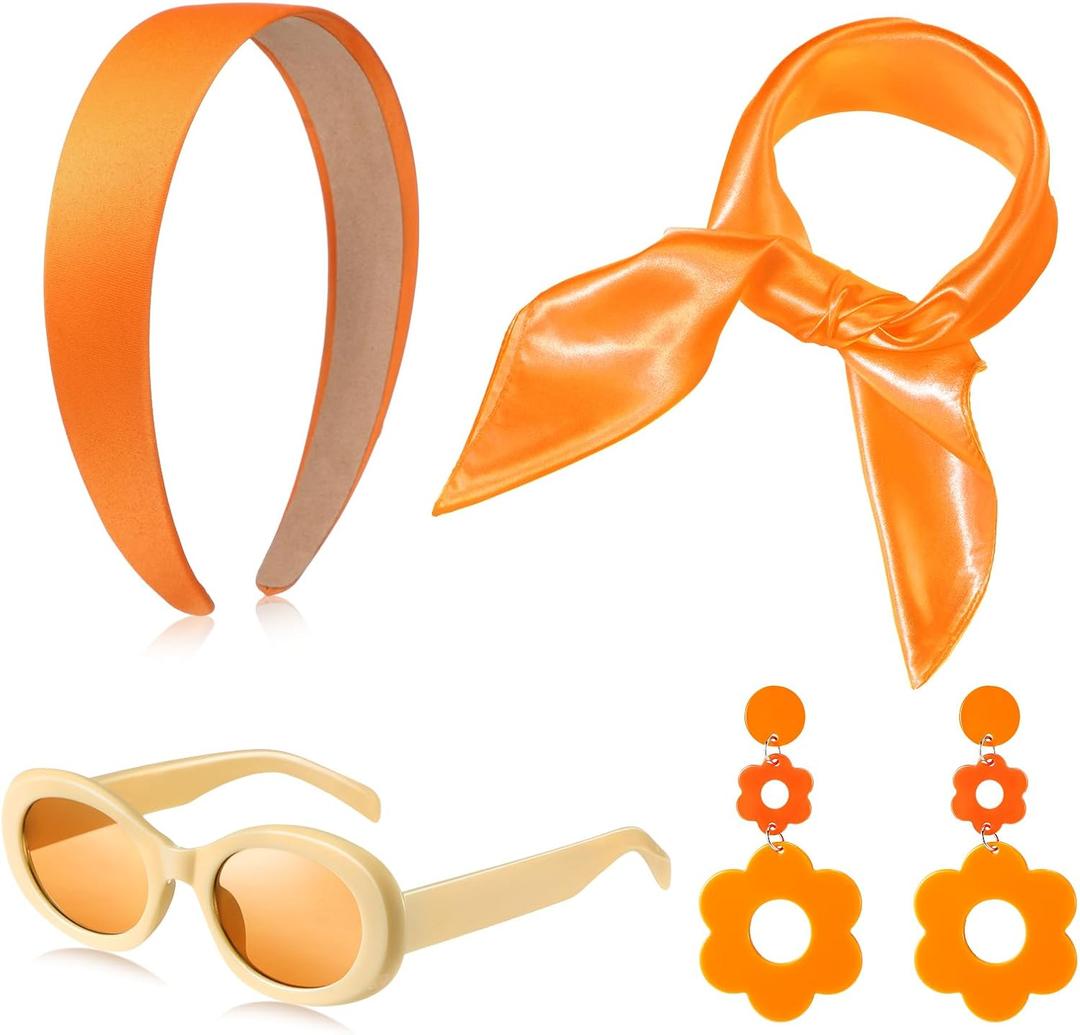 SATINIOR 4 Pcs 60s 70s Women Hippie Disco Costume Accessories Set Headband Dangle Earrings Sunglasses Silk Scarf (Orange)