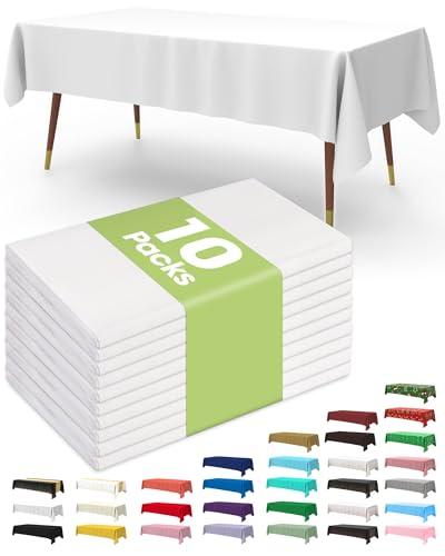 Pureegg Plastic Table Cloth Disposable 10 Pack, 54 x 72 Inch Table Cloths, Party, Picnic, Wedding, Decorative Tablecloths, Rectangle, White Plastic Cover, Leakproof & Sturdy, White