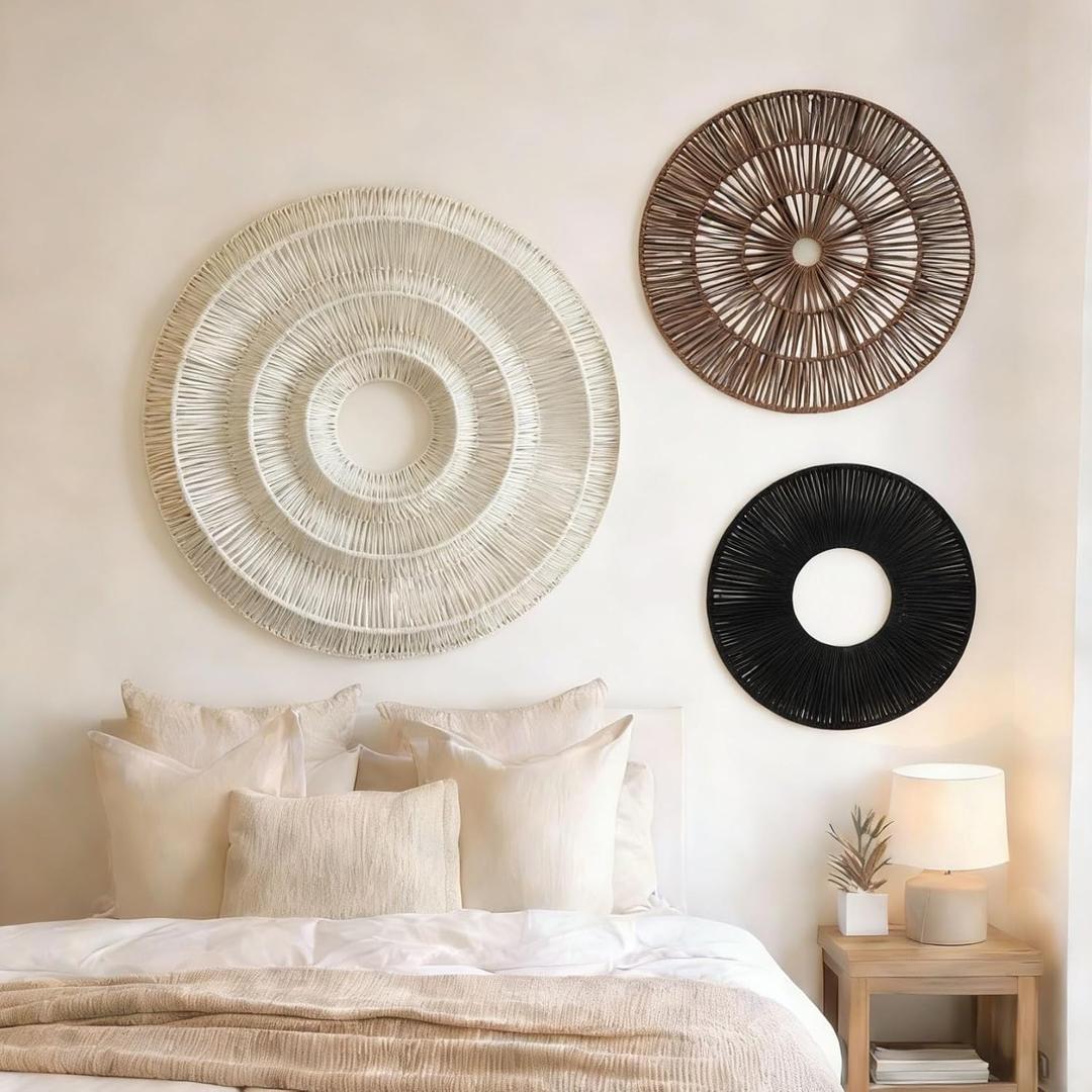 Bergamot 3D 25,17.7",13.7" Extra Large Cotton Rope Woven Wall Hanging Dcor, Set of 3 Round Boho Wall Baskets. Oversized Wall Art for Living Room, Bedroom, Nursery (beige, coffee brown, black)