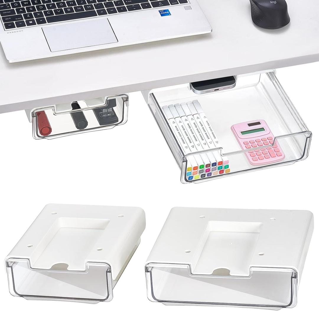 2 Pack Under Desk Hanging Drawer Slide Pull Out, Attachable Clear Acrylic Storage Tray, Easy Hidden Self Adhesive Mount Cabinet Shelf Holder for Tables, Home & Office, Counters, Workstation (Standard+Large)