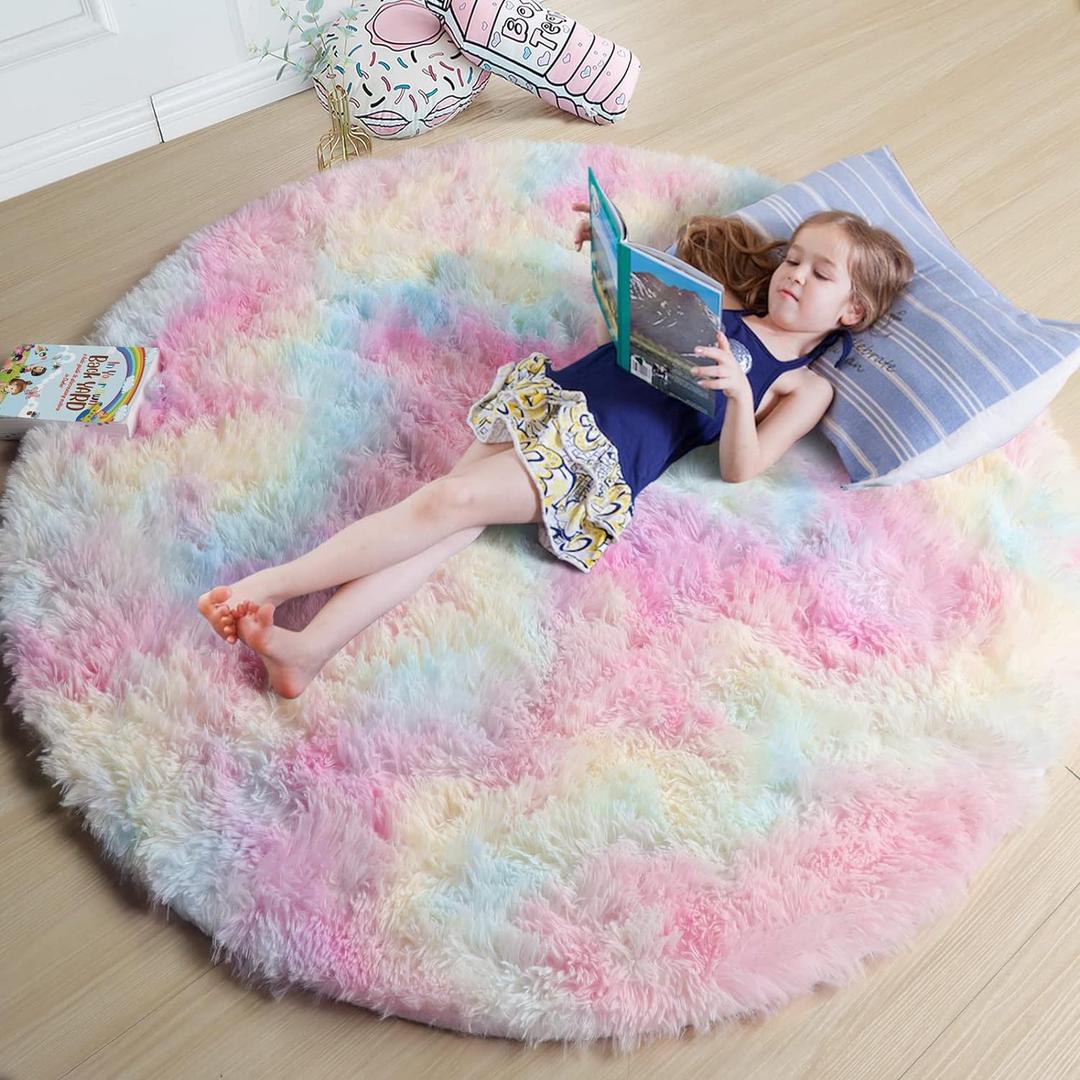 Amdrebio Rainbow Fluffy Round Rug 4Ft Kids Rugs for Girls Bedroom, Unicorn Room Decor, Colorful Pastel Shag Carpet for Preppy Dorm, Soft Cute Fuzzy Kawaii Circle Area Rugs for Baby Nursery, Playroom