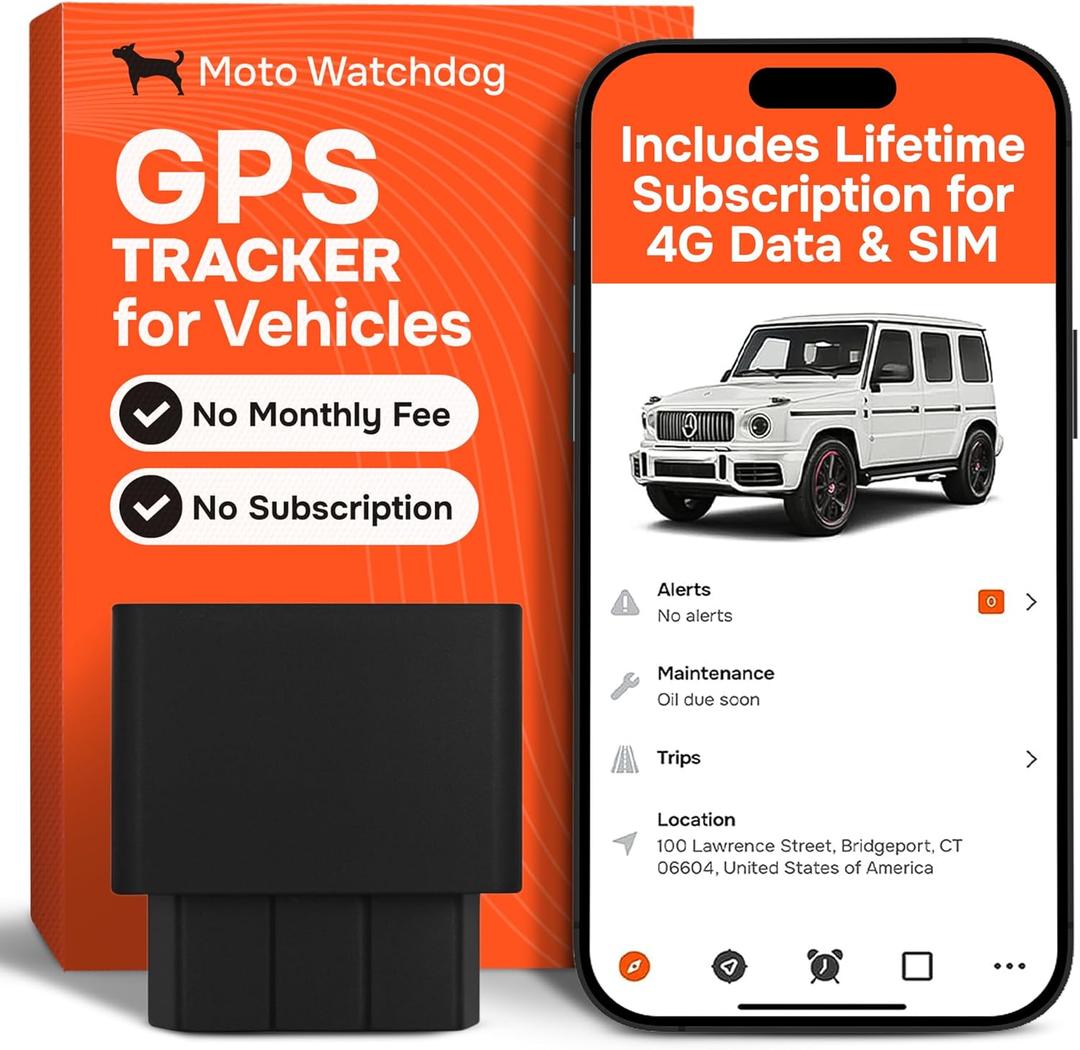 GPS Tracker for Vehicles, No Subscription with Real-Time Location, Mileage Tracking, Speeding Monitoring, Route History, Geofence, OBD, for Fleets & Families, USA, Any Vehicle 1998+, Moto Watchdog