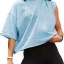 Women's Oversize Workout Crop Tops Short Sleeve Crewneck Drop Shoulder Boxy T Shirts Summer Casual Solid Basic Tees (Blue, L)
