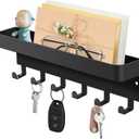 RELBRO Magnetic Key Holder for Fridge, Metal Wall Mount Key Rack with Shelf, 6 Hooks, 2 Installation Options, Black