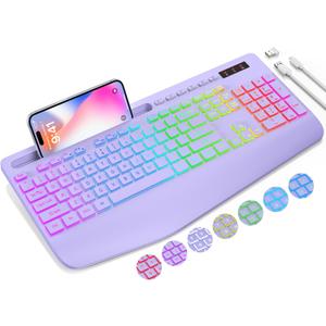 Wireless Keyboard with 9 Effects Backlits, Wrist Rest, Phone Holder, Rechargeable Ergonomic Computer Keyboard with Silent Keys, 2.4G Lag-Free Cordless Set for PC, Laptop, Windows, Mac (Keyboard Only) (Grape Purple)