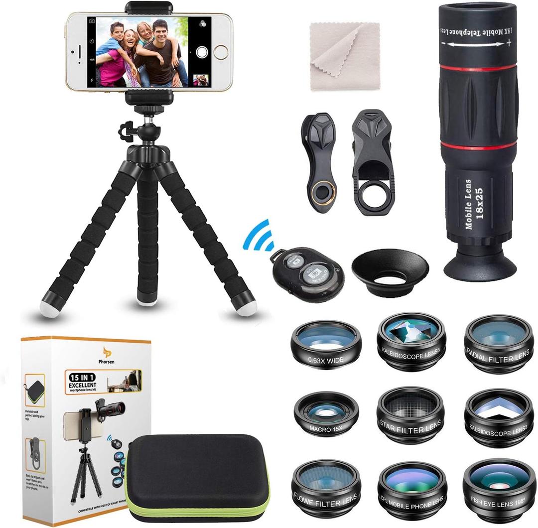 15 in 1 Universal Phone Camera Lens Kit 18X Telephoto lens Wide Angle lens,Macro Lens, Fisheye lens,Kaleidoscope 3/6 lens, CPL/Flow/Star/Radial Filter, Tripod, Remote Shutter for most of Smartphone 15 in 1 Universal Phone Camera Lens Kit 18X Telephoto lens Wide Angle lens,Macro Lens, Fisheye lens,Kaleidoscope 3/6 lens, CPL/Flow/Star/Radial Filter, Tripod, Remote Shutter for most of Smartphone