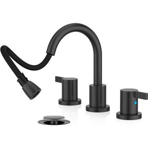 Phiestina Pull Down Sprayer Matte Black Widespread Bathroom Sink Faucet, 8 Inch 2 Handles 3 Hole Pull Out Bathroom Faucetwith Metal Pop-Up Drain and Water Supply LineBF04012-K01-MB (Matte Black-sprayer)