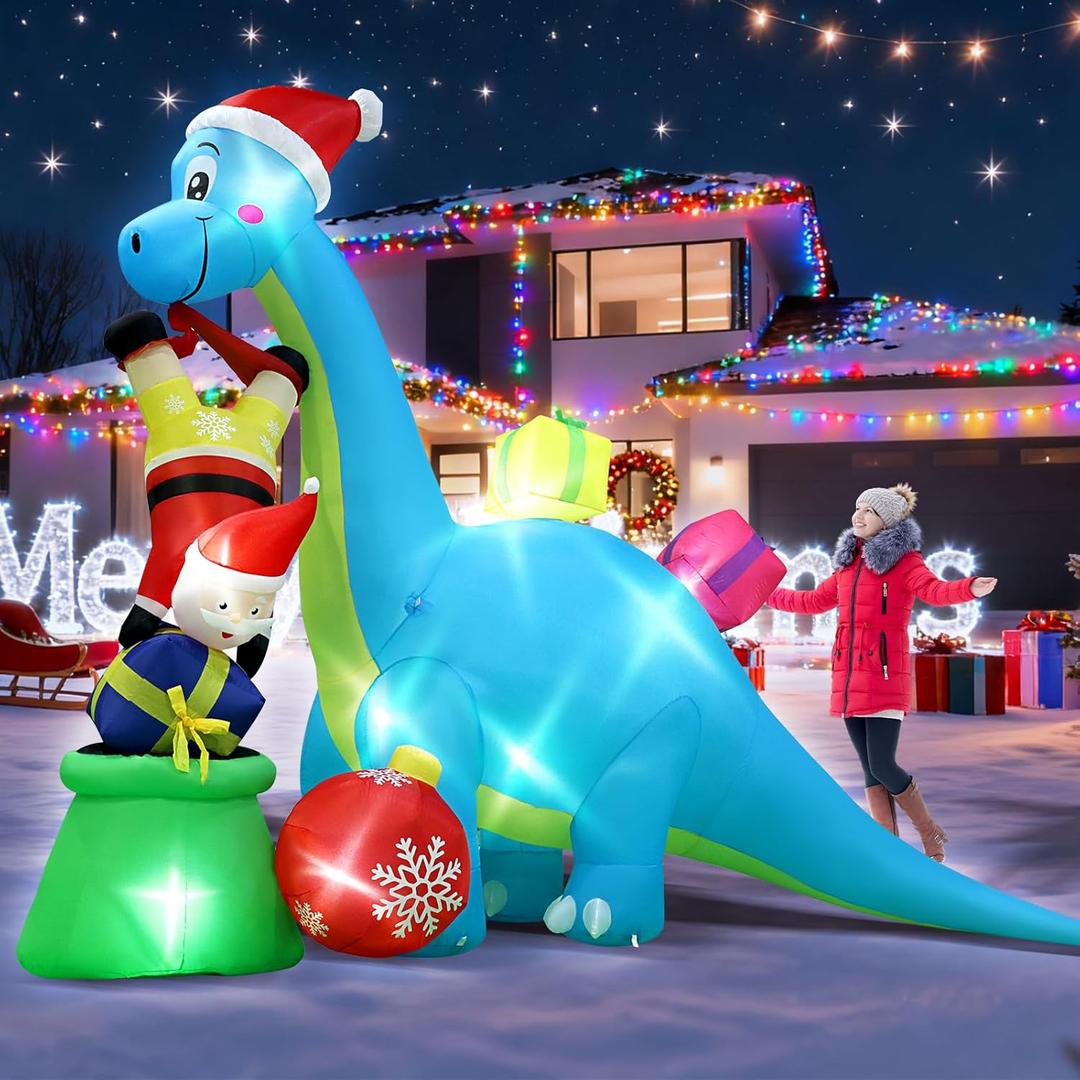 12.5 FT Christmas Inflatable Decorations, Giant Huge Dinosaur Santa Claus Cornucopia Outdoor Blow Up Decor Cute Funny Carrying Gifts Boxes Built-in 8 LEDs Xmas Yard Lawn Garden Inflatables de Navidad