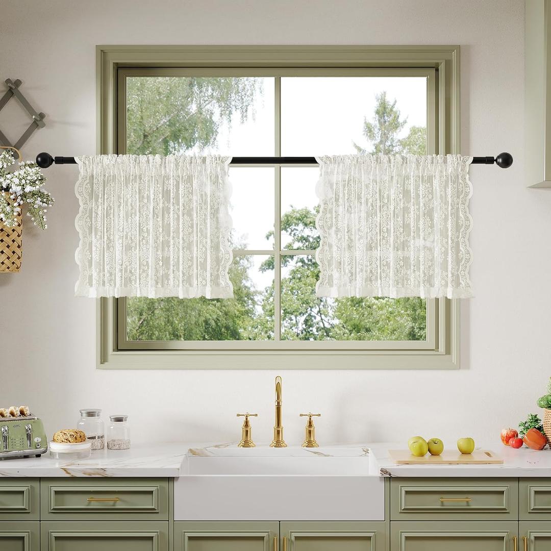Anmao Vintage Lace Kitchen Curtains 18 Inches Long 2 Panels, Romantic Semi Sheer Floral Over Sink Lacy Cafe Curtain, Elegant Window Short Small Drapes, 55W x 18L, Ivory White