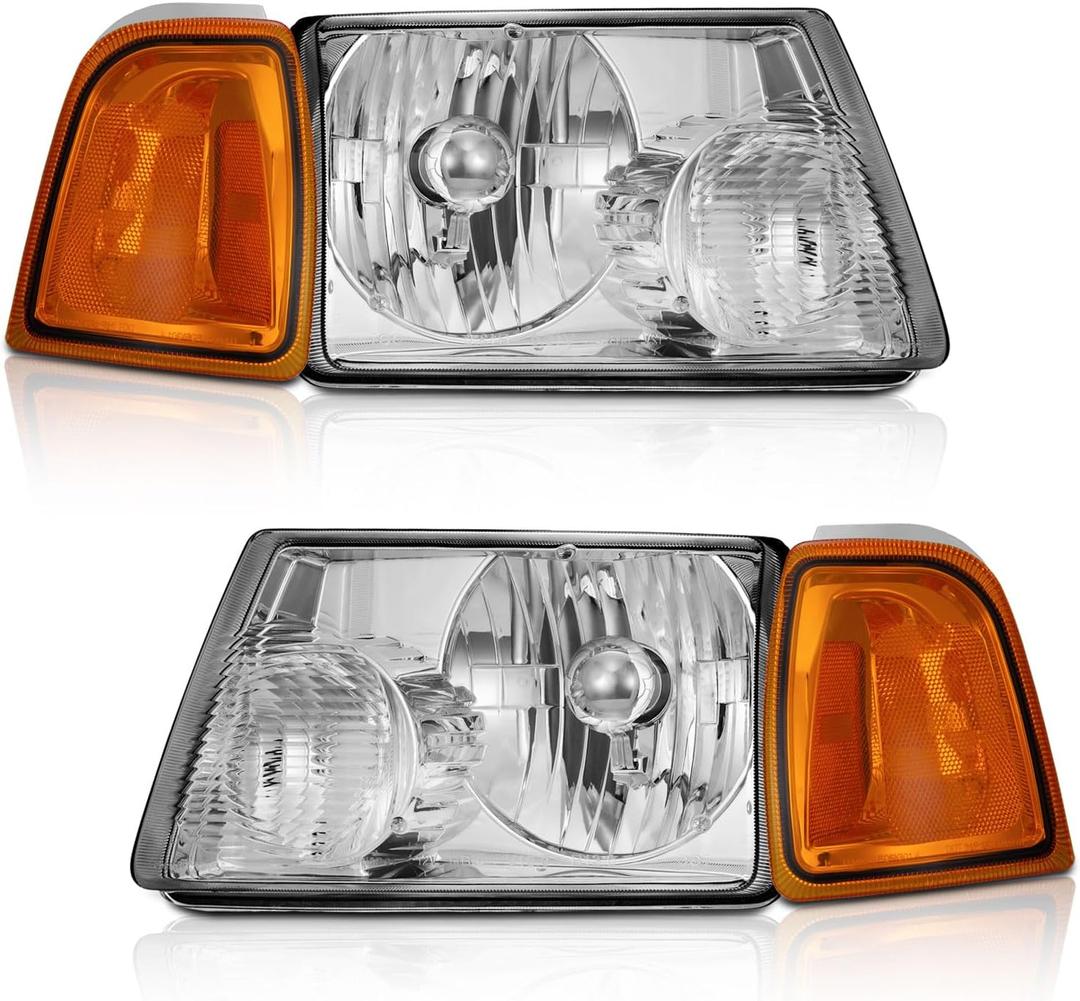 WEELMOTO for 2001-2011 ford Ranger Headlights Assembly,Headlamp Replacement for 01-11 ford Ranger Chrome Housing Amber Reflector Left+Right Pair Set