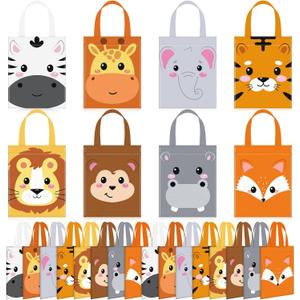 Photect 32 Pcs Safari Party Favor Bags Non Woven Jungle Animal Goodie Treat Bags with Handles Lion Tiger Elephant Monkey Giraffe Gift Pack for Kids Safari Themed Party Birthday Baby Shower Supplies