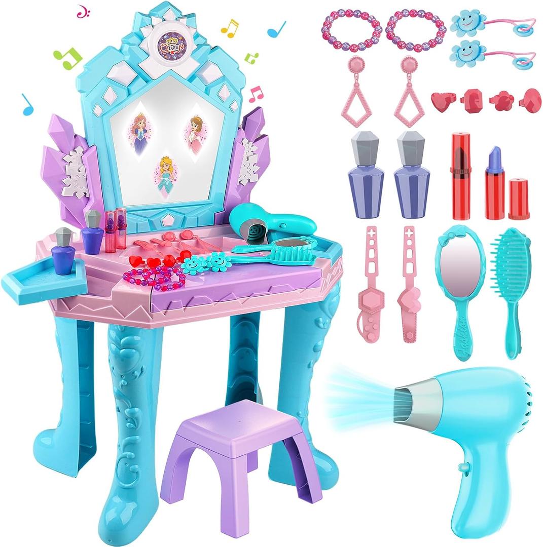 Toddler Frozen Vanity Table and Chair, Girls Magic Makeup Set with Mirror and Lights & Music, Kids Pretend Play Toys for 2 3 4 5 Year Old Girl Princess Dress Playset Birthday Easter Gifts Ages 2-4 3-5