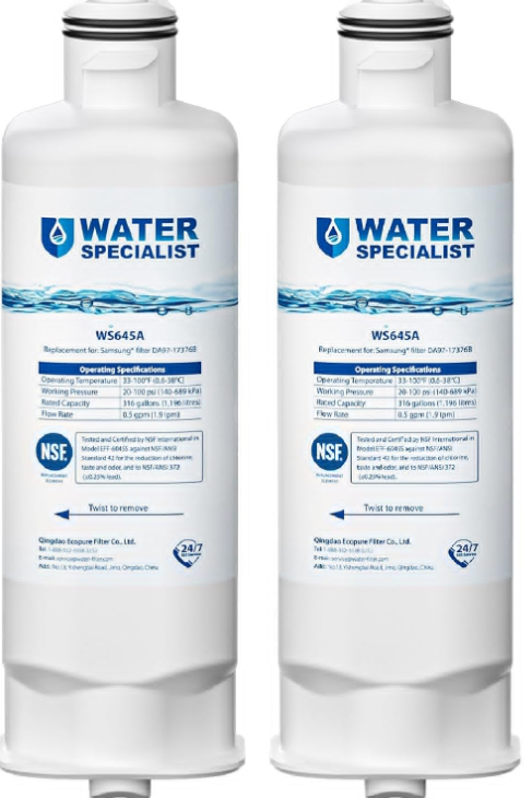 Waterspecialist WS645A Refrigerator Water Filter, Replacement for Samsung® DA97-17376B, HAF-QIN/EXP, HAF-QIN, RF28T5001SR, DA97-08006C, RS27T5200SR, RF28R7351SG, RF24R7201SR, RF27T5201SR, 2 Pack
