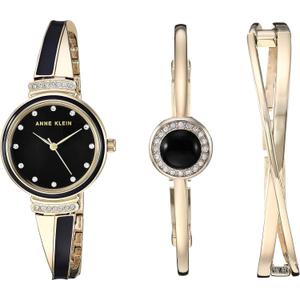 Anne Klein Women's Premium Crystal Accented Watch and Bangle Set (Gold/Black)
