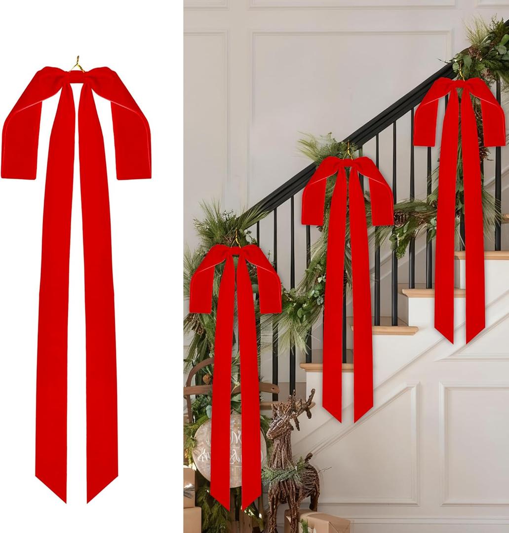 Aneco 12 Pieces Large Red Velvet Christmas Bows 35 x 16 Inch Christmas Swag Bow Pre Tied Fence Staircase Wreath Bows Holiday Tree Topper for Xmas Home Door Outdoor Decorations