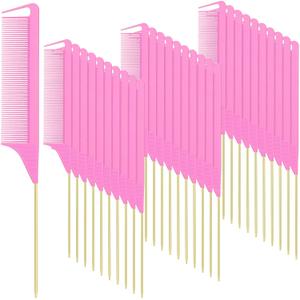 Patelai 30 Pcs Rat Tail Combs Bulk Steel Pin Rat Tail Carbon Fiber Heat Resistant Teasing Combs Fine Tooth Pintail Braiding Hair Tools for Stylists Salon Sectioning Detangling(Pink and Gold)