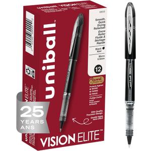 uni-ball Vision Elite Rollerball Pens Fine Point Micro Tip, 0.5mm, Black, 12 Pack