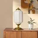 Milk Glass Table Lamp - Modern Farmhouse Design with Antique Brass Finish Base, White Desk Light for Living Room & Bedroom Decor (White 15")