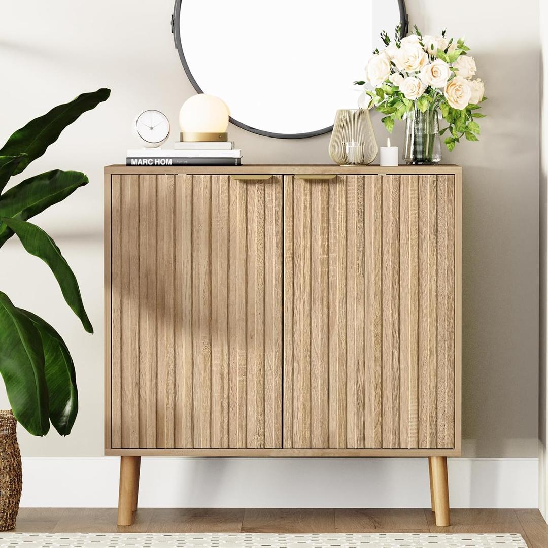 Vrullu Fluted Storage Cabinet, Free Standing Buffet, Wood Sideboard, Multifunctional Accent Storage for Living Room, Hallway, Entryway, Dining Room (1, Oak), 15.7 inches x 31.1 inches x 31.5 inches