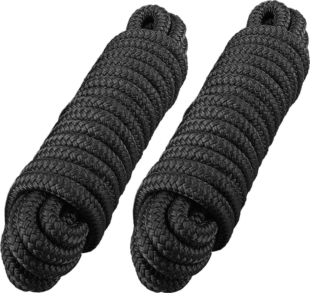 2 Pack 1" x 35' Dock Lines - Marine Grade Nylon Boat Rope with 24" Loop for Docking and Mooring - Double Braided Boat Lines, High Strength, Heavy Duty, Easy Handling, Fray Resistant - Black