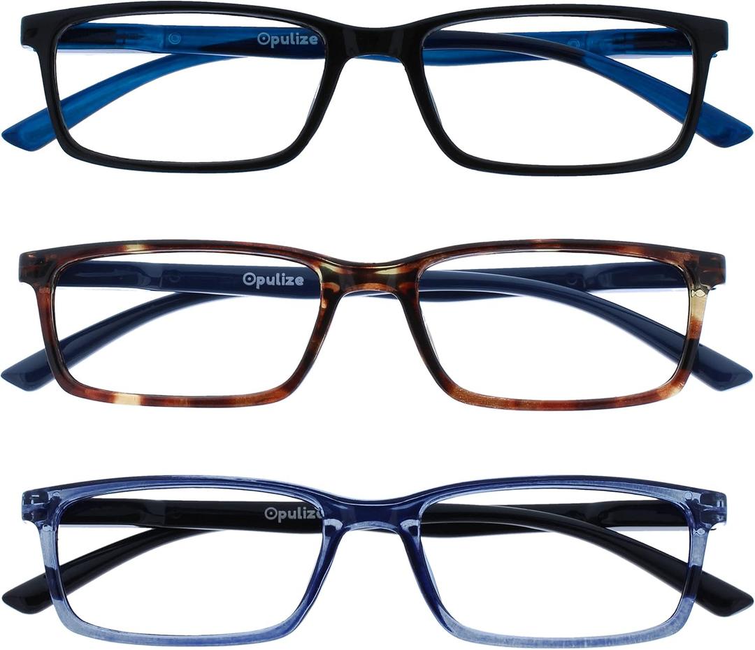 OPULIZE SEE Reading Glasses with Blue Light Blocking for Women and Men, Narrow Frame, Spring Hinges, Computer Gaming Glasses, Black,Brown,Blue +3 (Pack of 3)