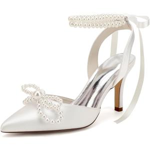 Women's Closed Toe Pearl Heels with Bow Wedding Shoes for Bride High Heels Bridal Shoes Slingback Satin Heels Pumps (7, Ivory)