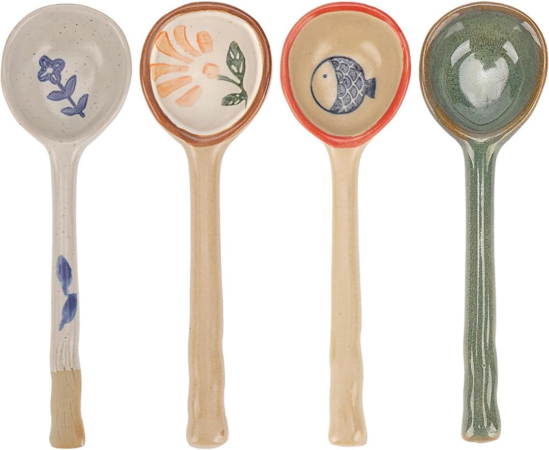 4 Pack Japanese Ceramic Soup Spoons, Slightly Larger Long Handle Design, Hand-Painted Porcelain Spoons for Miso, Wonton, Dumplings (Secure Packaging)