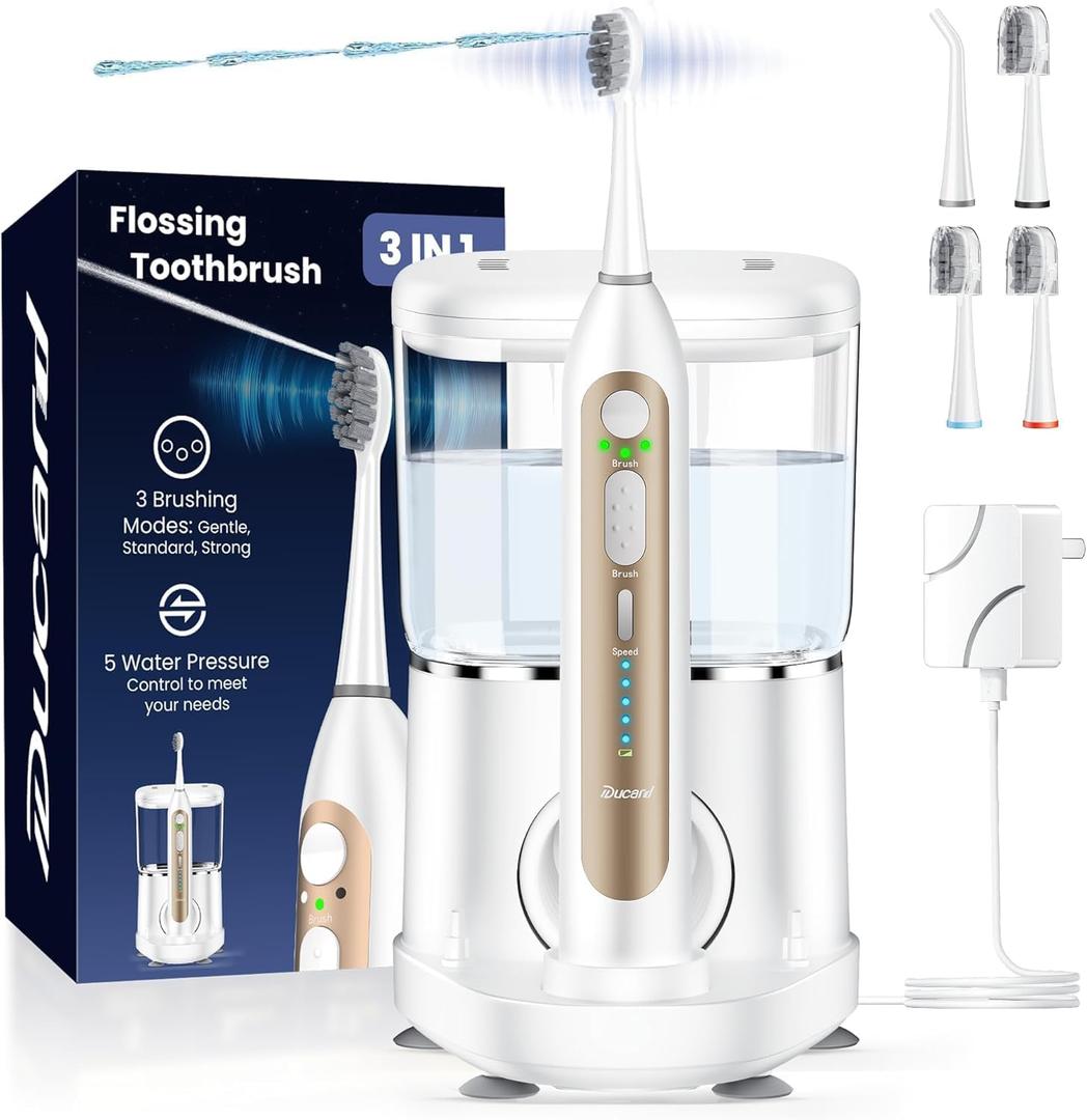 Electric Toothbrush with Water Flosser, Upgrade Flossing Toothbrush Combo with 3 Brush + 1 Nozzle, 5 Floss Speeds&3 Brush Modes, 500mL Tank, 30-Day Battery, for Adults & Teens, Gums, Braces-White