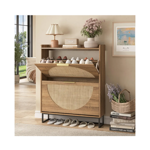 Maupvit Rattan Shoe Storage Cabinet with 2 Flip Drawers, Freestanding Shoe Organizer with Metal Legs for Entryway, Hidden Golden Handles, Narrow Shoe Rack Cabinet, Rustic Oak Rattan