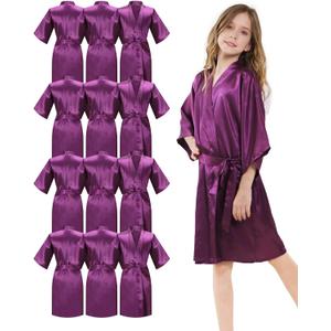 12Pcs Girls Silky Robes Kimono Birthday Kids Spa Party Wedding Bridal Party Flower Girl Robe (8, Purple)