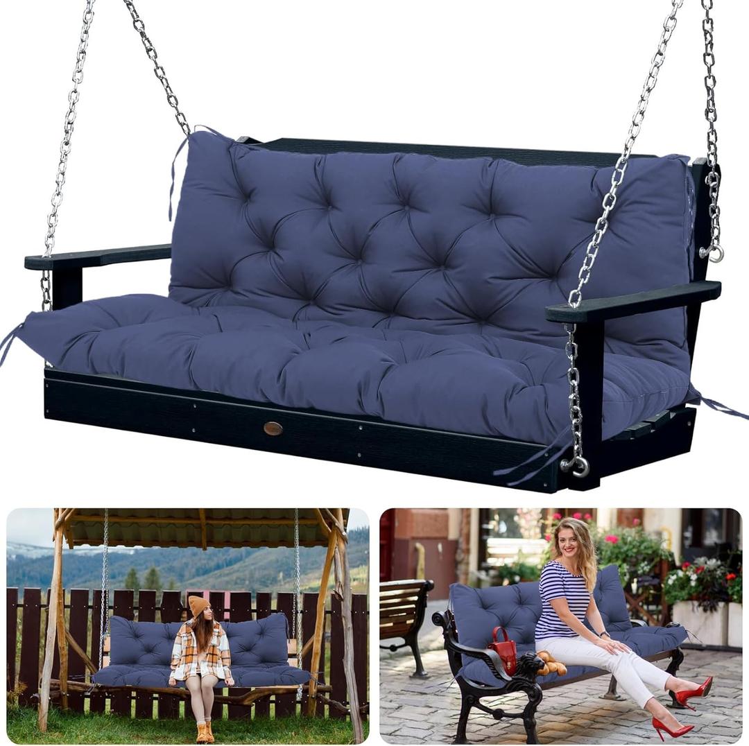 Swing Cushions 2-3 Seater Replacement Waterproof Outdoor Porch Swing Cushion with Backrest Extra Thick 5" Swing Bench Cushions for Outdoor Furniture Patio Garden Backyard (Navy Blue 60x40x5inch) (60 x 40 x 5 inches)
