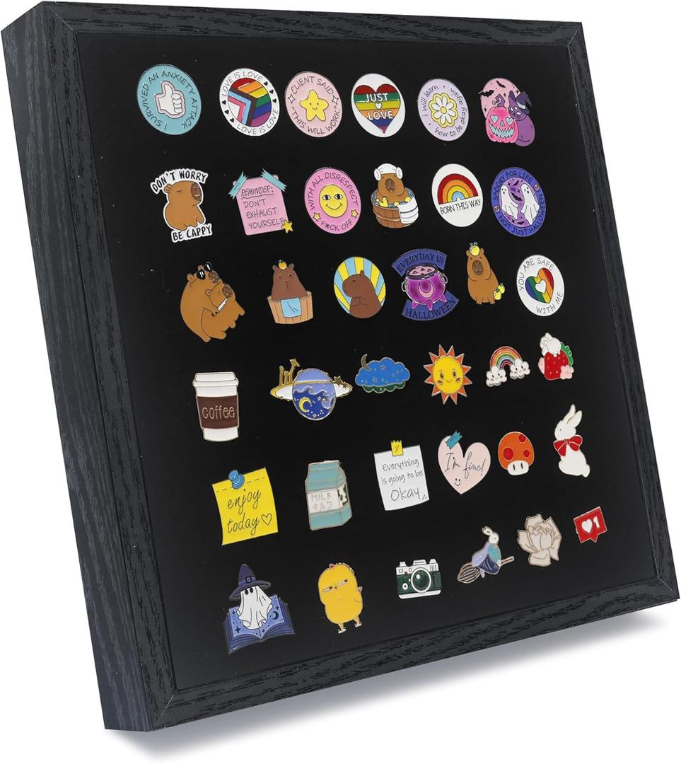 GMFrames 11x11 Enamel Pin Display Case, Pin Collection Display Frame with Real Glass, Shadow Box for Wall and Tabletop, Pin Holder Black