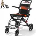 Transport Wheelchair Lightweight Foldable with Telescopic Handle, Portable Folding Wheelchair with Hand Brakes, Compact Travel Wheelchair for Adults & Seniors, Easy Storage,Only 22LBS (Orange)