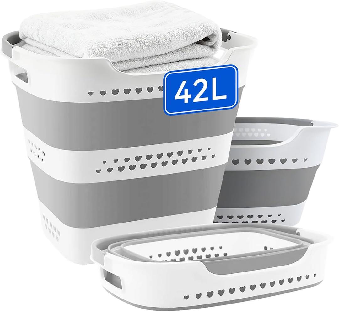 42L Medium Collapsible Plastic Laundry Basket with Handles, Foldable Laundry Basket Hamper, Pop Up Storage Container Organizer for Washing Storage (Gery, 17 Inch * 13 Inch * 15 Inch), 13.39 X 3.74 X 17.32 Inches