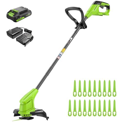Greenworks 24V 10" Cordless String Trimmer with 2.0Ah Battery and Charger, 20 Replacement Blades Included
