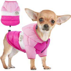 FUAMEY Puppy Puffer Jacket, Warm Padded Pet Snow Vest, Cute Windproof Dog Clothes, Waterproof Outdoor Lightweight Small Dog Hoodie, Chihuahua Poodles Yorkshire Pet Apparel Medium/16 (Pink)