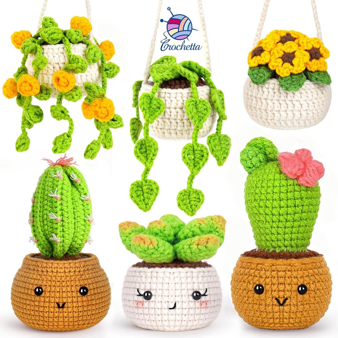 Crochetta Crochet Kit for Beginners, Crochet Starter Kits for Adults, Amigurumi Craft Knitting Crocheting Kits with Step-by-Step Video Tutorials, 6 Pc Hanging Potted Plants Family(40%+ Yarn